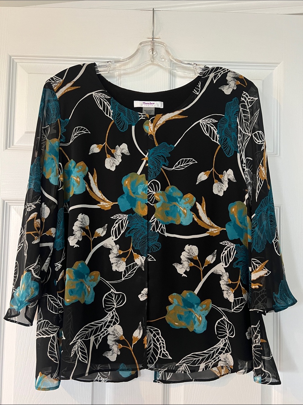 TanJay Black Floral Tunic with Teal and Gold Accents